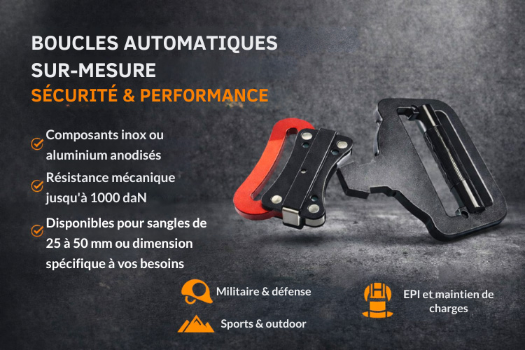 Fiche technique de boucles automatiques sur-mesure pour sangles de 25 à 50 mm par Get Com Technologies .